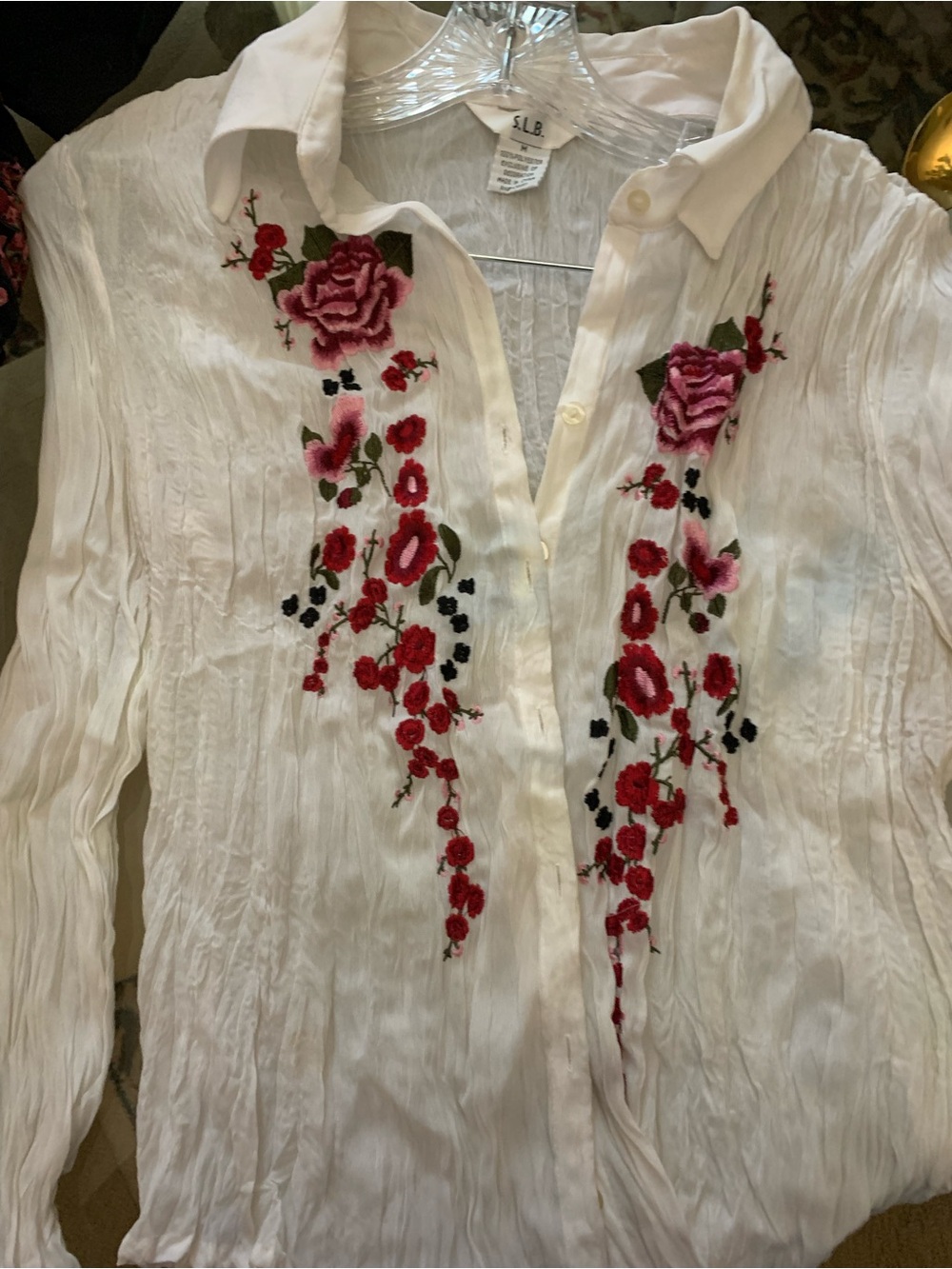 White Button-Down Shirt with Red Floral Embroidery by S.L.B.